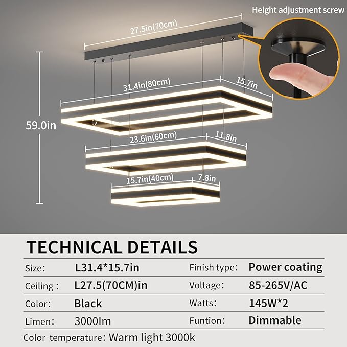 Modern Ceiling Pendant Light, LED Chandelier with Remote Control Dimmable 3 Color Mode & Brightness, Anti-Flicker Pendant Lights Kitchen Island Light Fixture for Dining Room Living Room