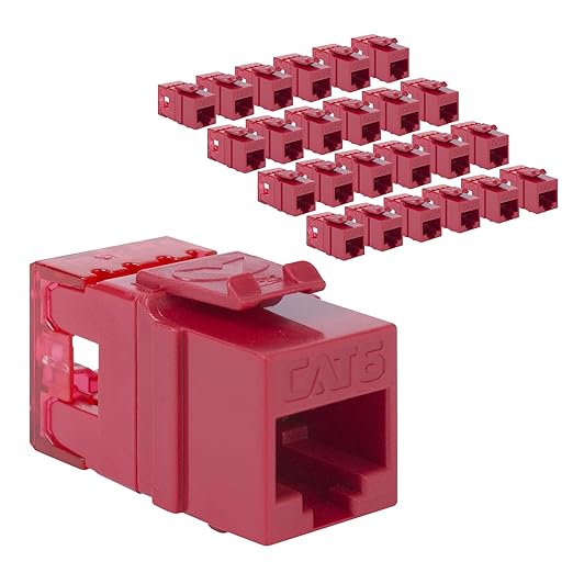 ICC CAT6 Keystone Jack with Slim Profile 180 Degree Punch Down, RJ45 UL Listed PoE++ TAA Compliant for Wall Plate or Patch Panel, Works with JackEasy Termination Tool, Red 25 Pack