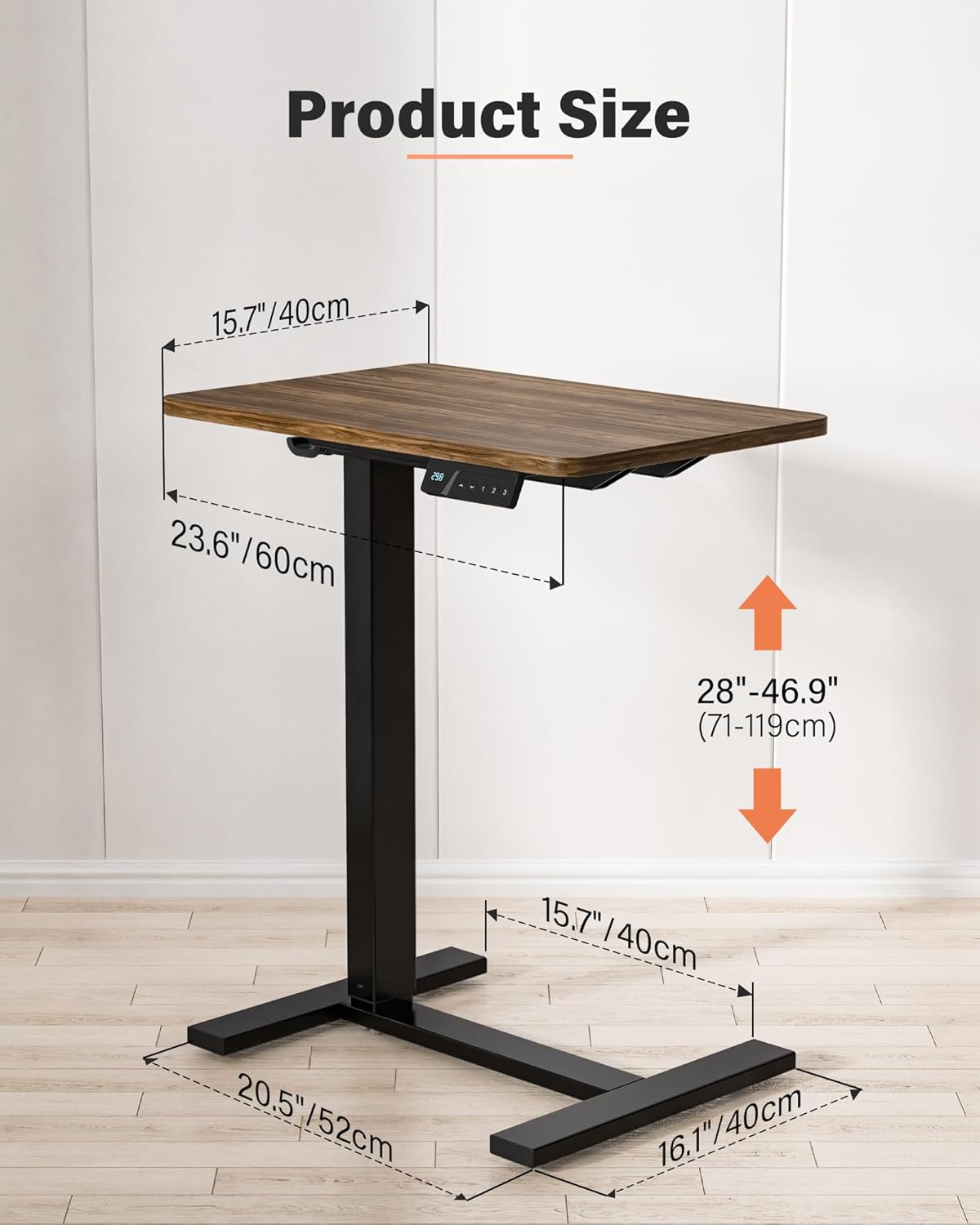 Mobile Standing Desk with Wheels - Electric Height Adjustable Small Movable Laptop Desk, Portable Rolling Computer Sit Stand Side Table for Home Office, Sofa&Bedside Use (27.6",Walnut)