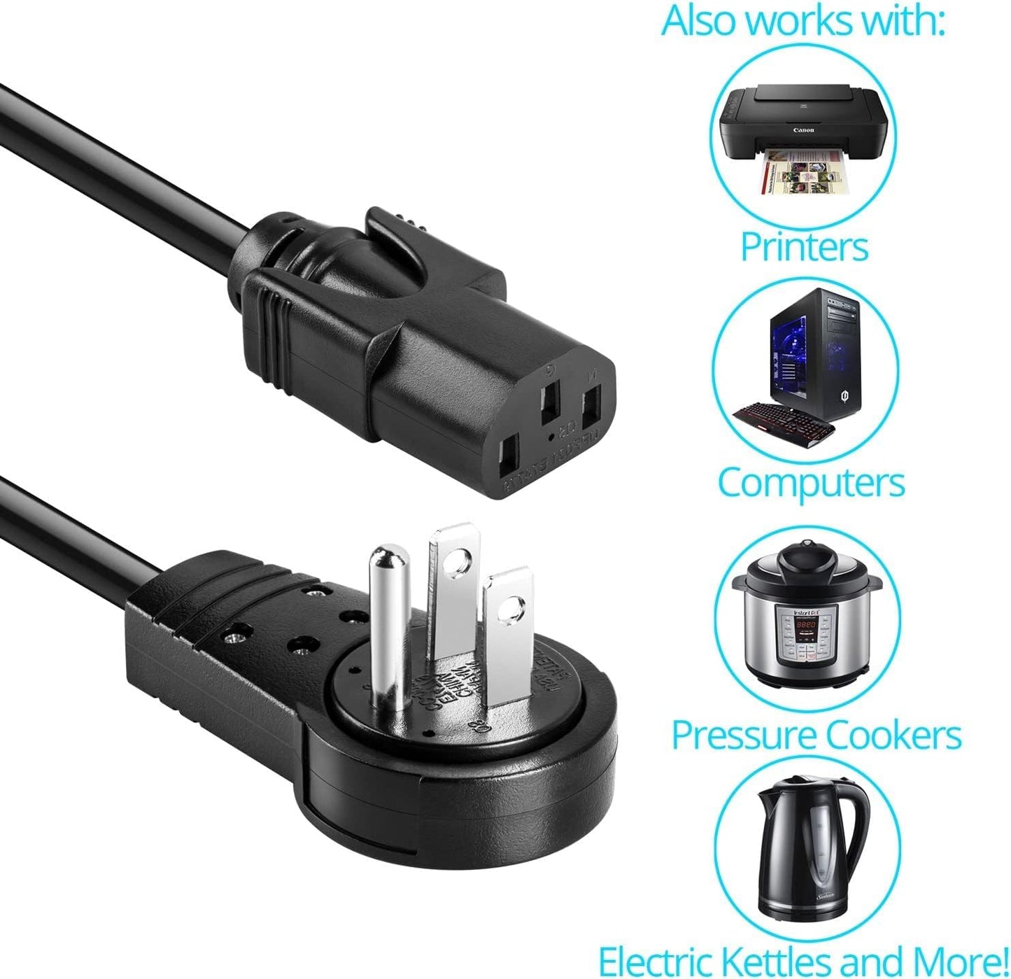 Maximm Monitor Computer Power Cord 8 Ft Flat Plug 360° Rotating PC Cable 3 Prong for, Desktop, Printer, Scanner, 16 AWG NEMA 5-15P to IEC13 - UL Certified