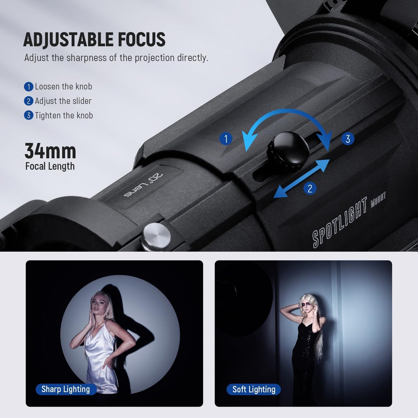 NEEWER Spotlight Snoot with 20° Projection Lens, Adjustable Focus, 16 Metal Gobos 5 Color Gels, Bag, Conical Snoot for Bowens Mount LED Continuous Output Lighting Studio Video Light Up to 300W, LS-39