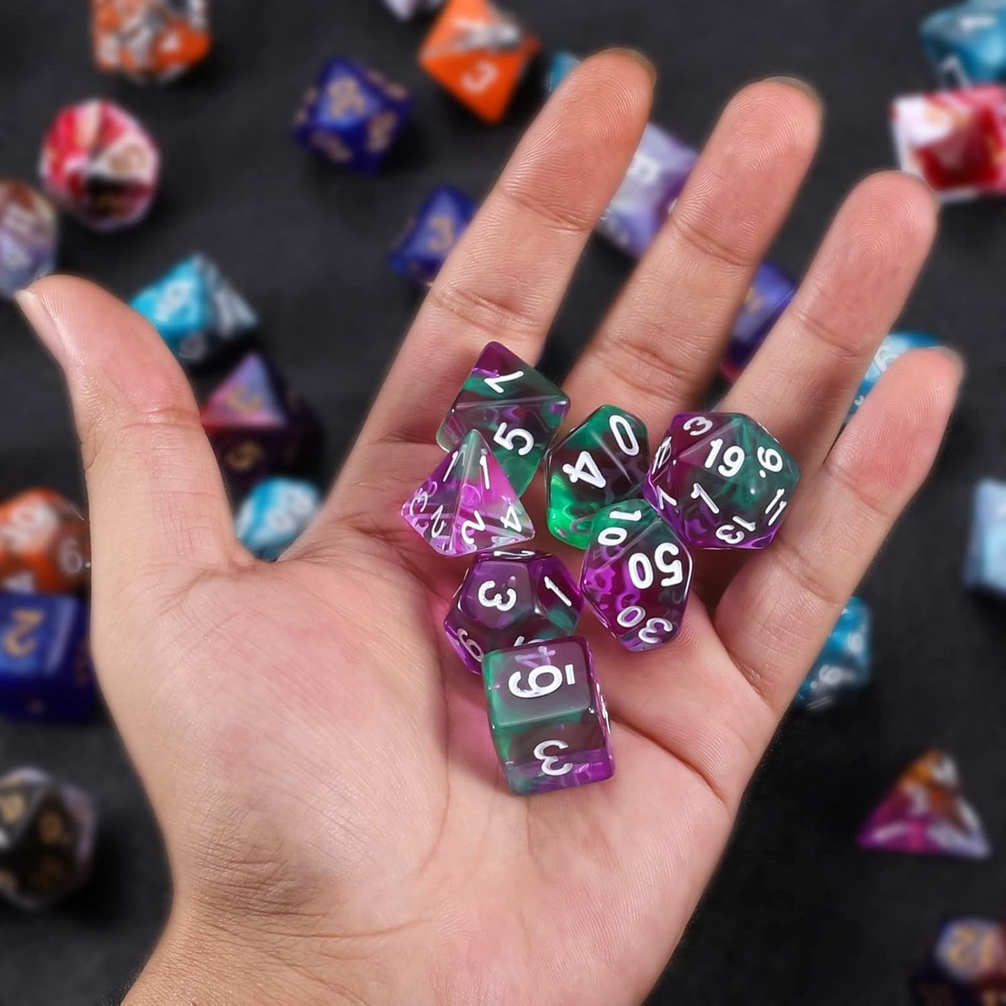 QMAY DND Dice Set -D&D Polyhedral Dice (7 Pcs) for Dungeons and Dragons (Purple Green Transparent)