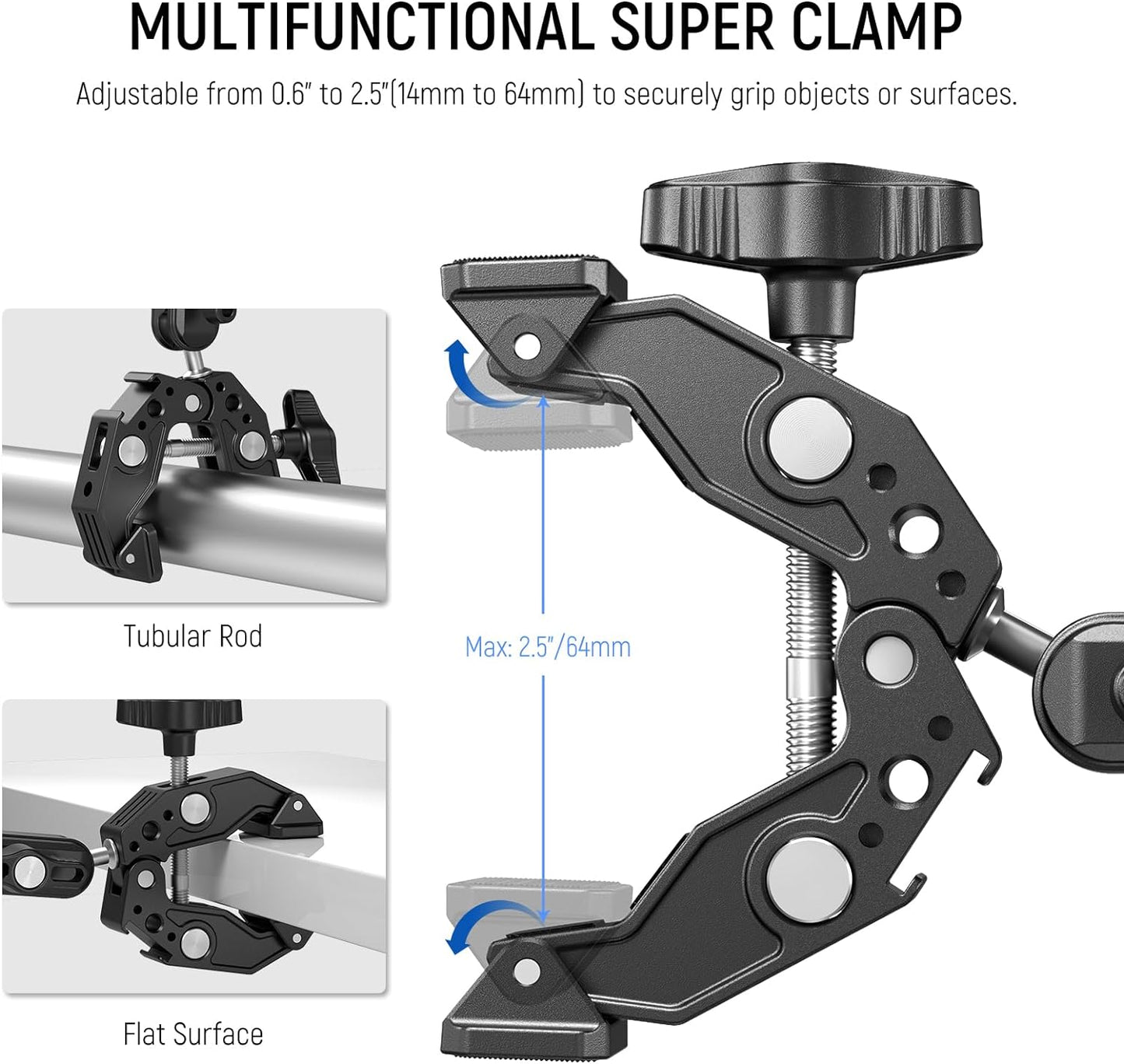 NEEWER Double Super Clamp with Magic Arm, Cleaning Cloth, Umbrella Camera Pole Clamp Mount for Desk Photo Studio Light Stand, Reflector, Scrim, Cross Bar, Motorcycle, Photography Accessories, UA036