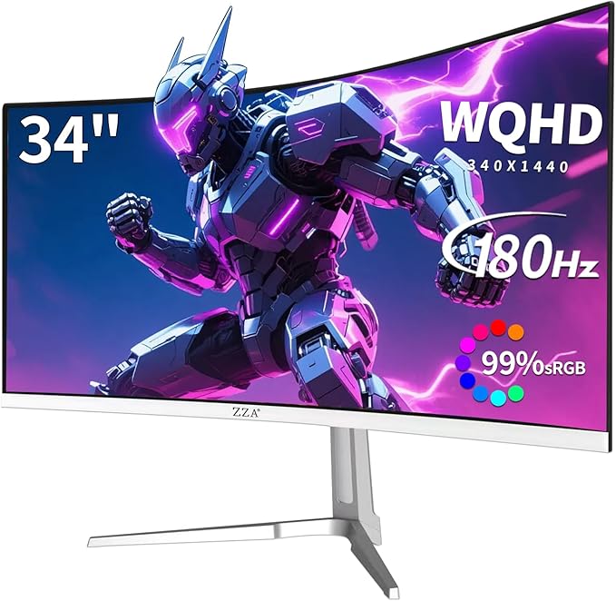 ZZA UltraWide 34 Inch Curved Monitor 1500R PC Screen 180hz Refresh Rate WQHD 3440x1440 Computer Gaming Monitor VA PanelAMD FreeSync Premium | HDR10 | 99% sRGB | VESA