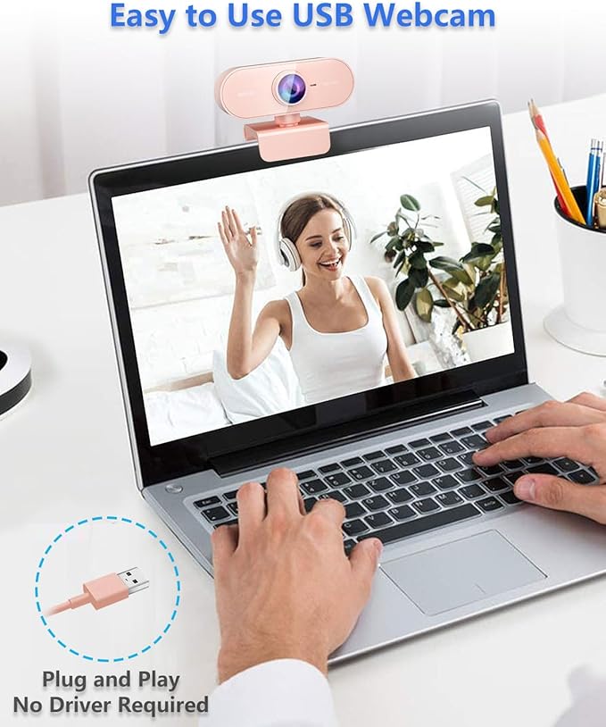 Webcam for pc with Microphone,Full Hd 1080P Pink Streaming Web Cam with Mic for Mac Laptop, Small Computer Camera for Desktop,Cheap Face Cam for Video Conference,Zoom,Microsoft Teams Meet