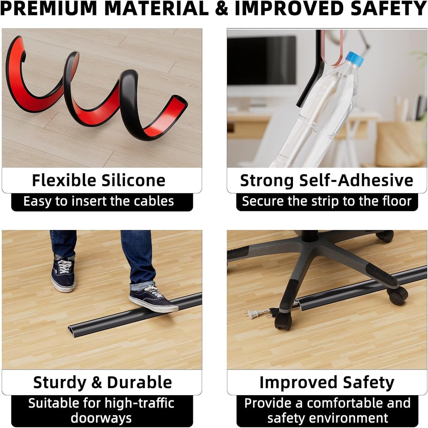 4ft Floor Cord Cover, Silicone Wire Hider, Hide Extension Cords, Protect Cords, Prevent Cable Trips, Heavy-Duty Adhesive-Backed Anti-Trip Cable Protector for Floor, Desk & Wall