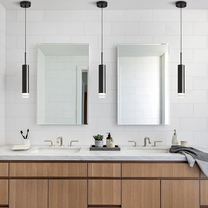 KCO Lighting Mid Century Modern Black Metal LED Pendant Light Nordic Minimalist Cylinder Hanging Kitchen Island Lighting Adjustable Mini Farmhouse Long Tube Dining Pendant Lighting