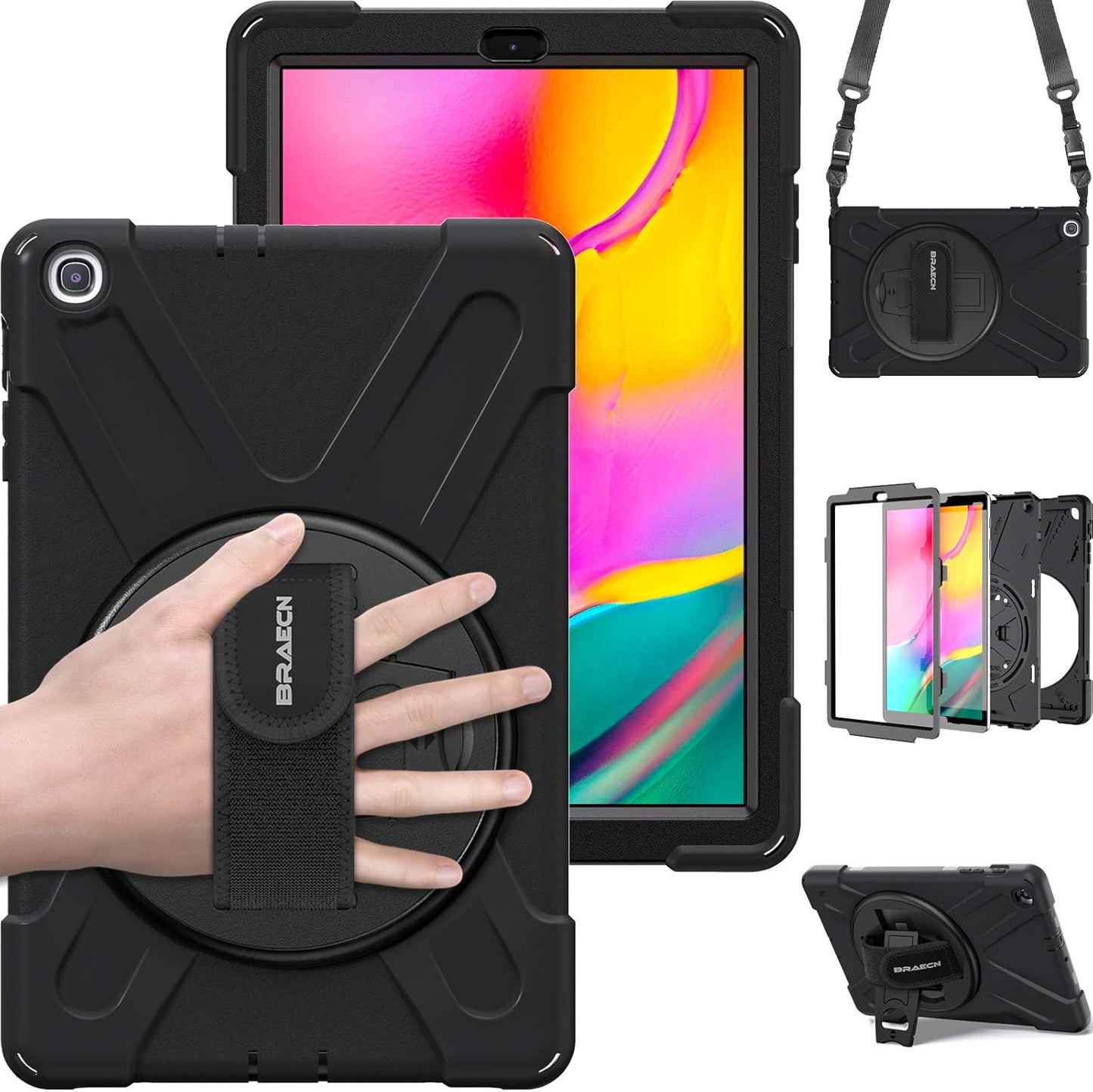BRAECN for Galaxy Tab A 10.1 2019 Case, Heavy Duty Shockproof Rugged Case with 360 Degree Rotating Hand Strap/Stand and Shoulder Strap for Samsung Tab A 10.1 SM-T510/T515 2019 (Black)