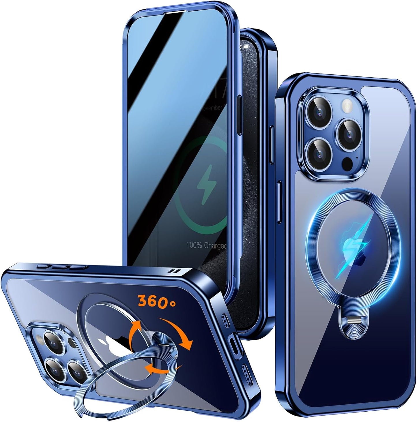 [360° Rotatable CD Stand & Built-in Privacy Screen Magnetic Case for iPhone 15 Pro [Compatible with MagSafe & Full Signal] Mil-Grade Shockproof Full Body Anti-Spy Cover for 15 Pro-Blue