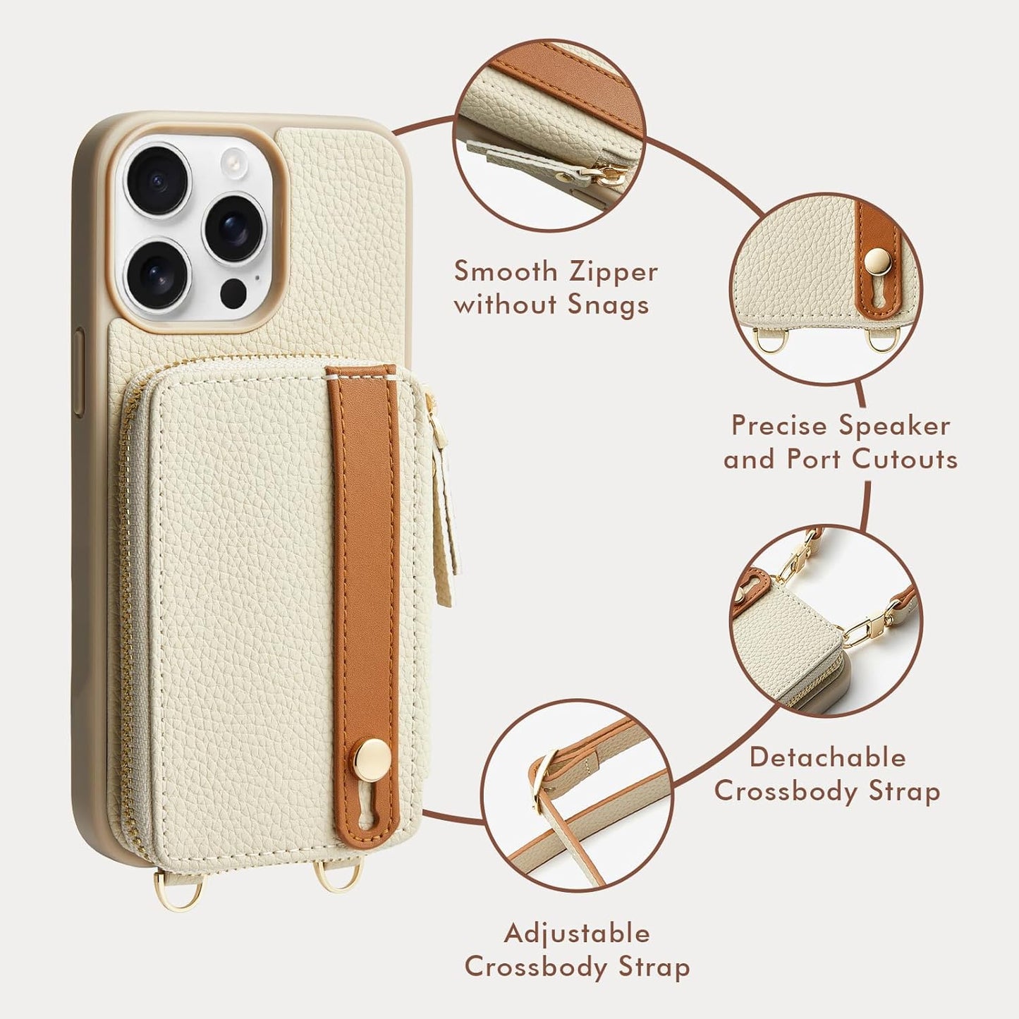 LAMEEKU for iPhone 14 Pro Max Wallet Case with Card Holder, Zipper Leather Crossbody Case with Kickstand Lanyard for Women, Cover with Phone Grip Holder Stand for Apple iPhone 14 Pro Max 6.7" Beige