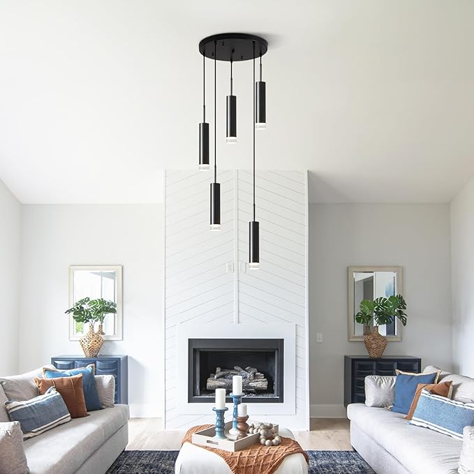 KCO Lighting Black Cluster Pendant Light Fixture Industrial Stairway Chandelier Lighting Cylinder Pendant Lights Kitchen Island Farmhouse Dining Room Light Fixtures