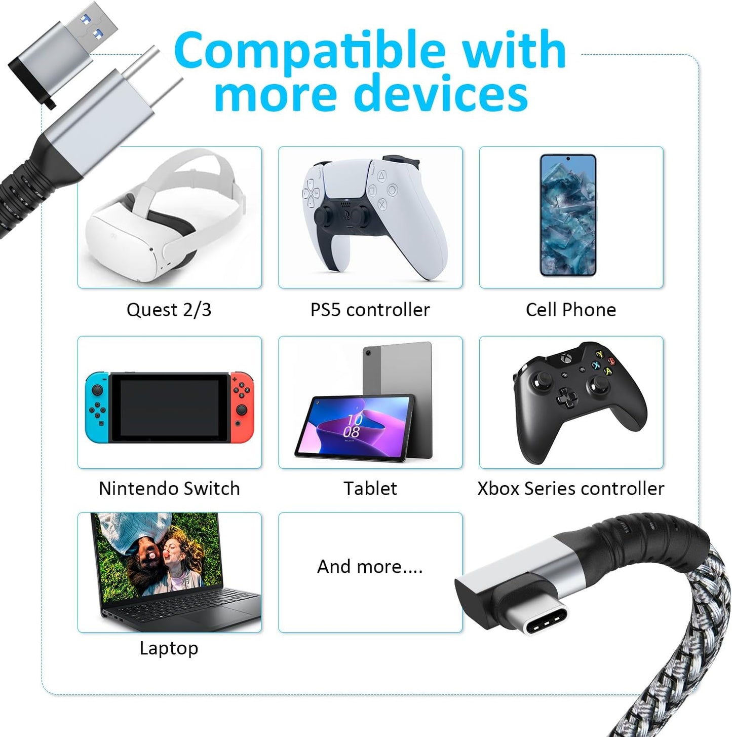 Link Cable 16FT VR Cable Compatible with Meta Oculus Quest 2/Quest 3S/Quest 3/Pro Pico, Nylon Braided Accessories and Gaming PC Steam VR, USB 3.0 Data Transfer Type C Cable, for VR Headset