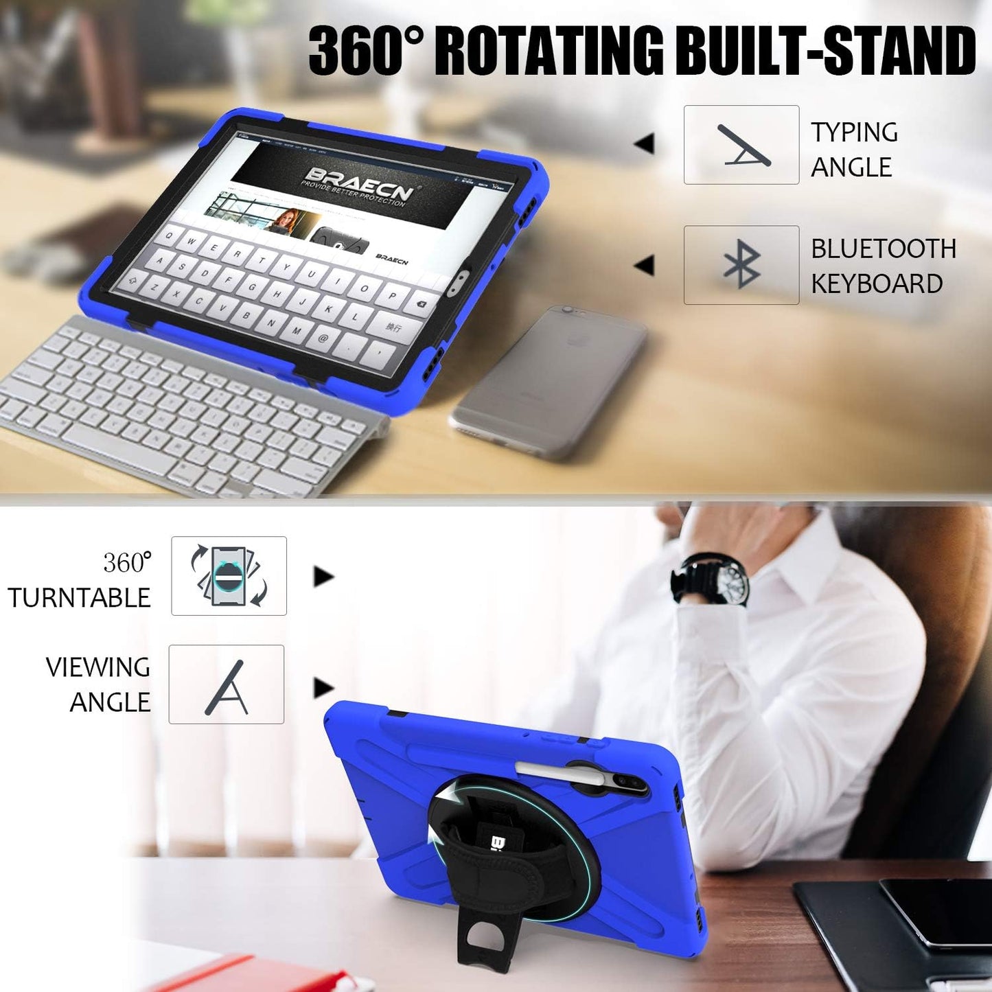BRAECN for Samsung Galaxy Tab S6 case 10.5 Inch 2019 (with S Pen Holder),Heavy Duty Drop Protection Rugged Case with [Hand Strap][Rotating Stand][Shoulder Strap],No Support Samsung Key Board–Blue