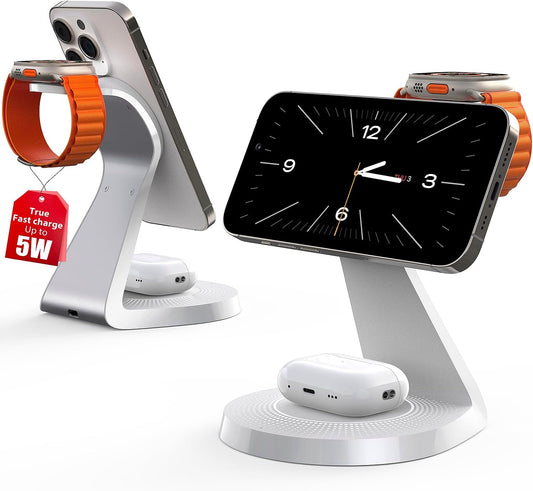 3 in 1 Charging Station for Apple Devices - Faster Mag-Safe Charger Stand for iPhone - Magnetic Wireless Charger Station for iPhone 16/15/14/13 Series,& AirPods,& iWatch - White
