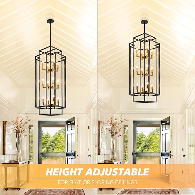 Black and Gold Chandelier, 12-Light Lantern Tiered Pendant Light Fixtures, Large Foyer Chandeliers for High Ceilings, Farmhouse Chandelier for Entryway, Modern Metal Pendant Lights for Staircase
