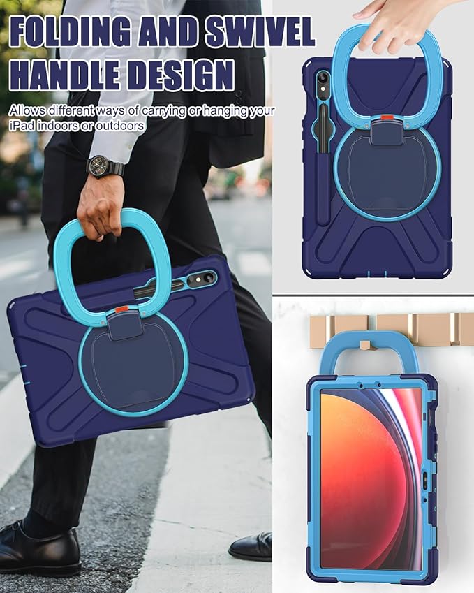 BRAECN Kids Case for Samsung Galaxy Tab S10 Lite/S10 FE 2025 & S9 FE/S9 2023 10.9"/11" | Heavy Duty Shockproof Silicone Cover with Rotating Handle, Shoulder Strap, Kickstand & S Pen Holder, Navy Blue