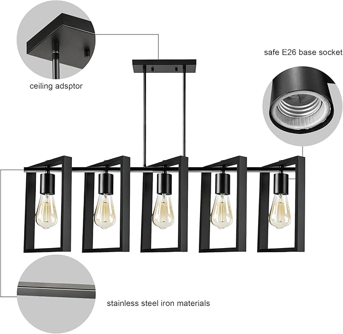 5-Light Island Lights for Kitchen, Rectangular Black Metal Kitchen Island Chandelier 41.3" Adjustable Rustic Modern Dining Room Light Fixtures Over Table, Chandeliers for Dining Room
