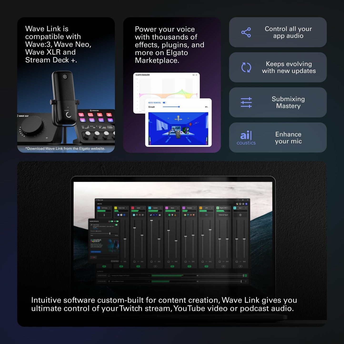 Elgato Wave:3 - Premium Studio Quality USB Condenser Microphone for Streaming, Podcast, Gaming and Home Office, Free Mixer Software, Sound Effect Plugins, Anti-Distortion, Plug ’n Play, for Mac, PC