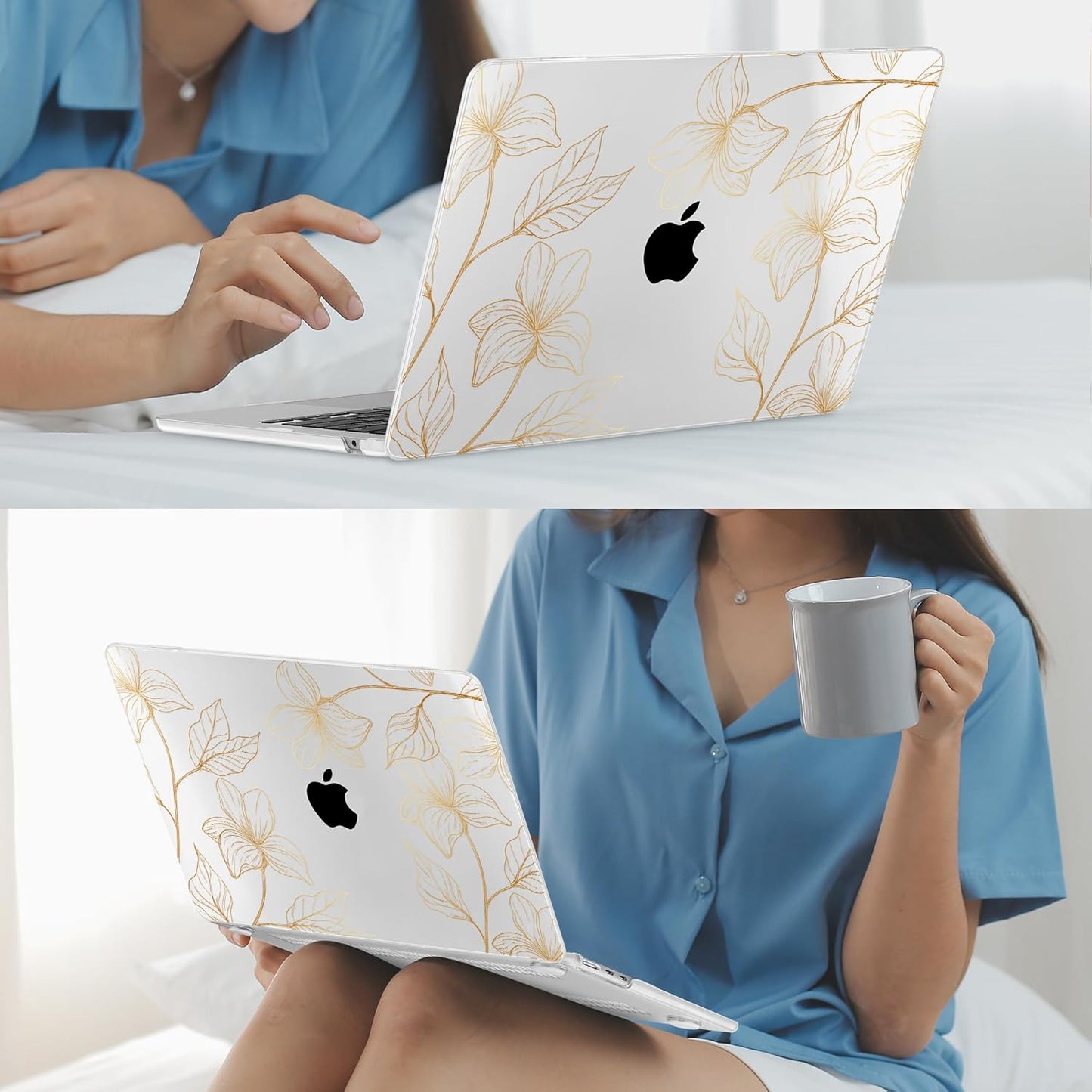 Mektron for 2025 M4 MacBook Air 13.6 Inch A3240 Case Fits 2023 A2681 M2 2024 A3113 M3 Chip with Liquid Retina Display Touch ID, Printed Plastic Hard Shell Cover for MacBook Air 13.6", Gold Flower S718