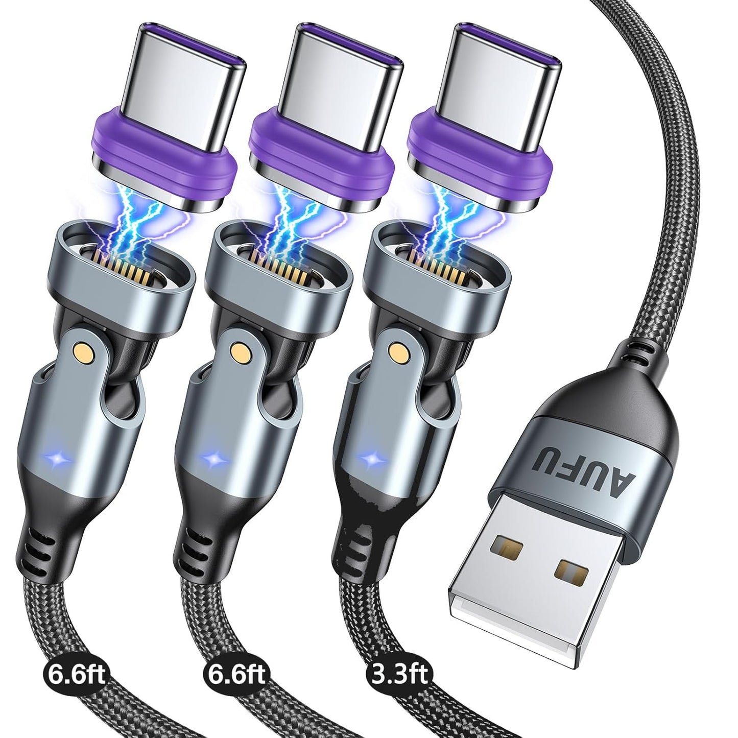 AUFU 16PIN USB C Magnetic Charging Cable (3Pack, 3.3/6.6/6.6ft), 180° Rotation Magnet Charger Cable/Magnetic USB C Cables/Magnet Phone Charger/Data Transfer Charging Cables for Phone/Tablet/Laptop