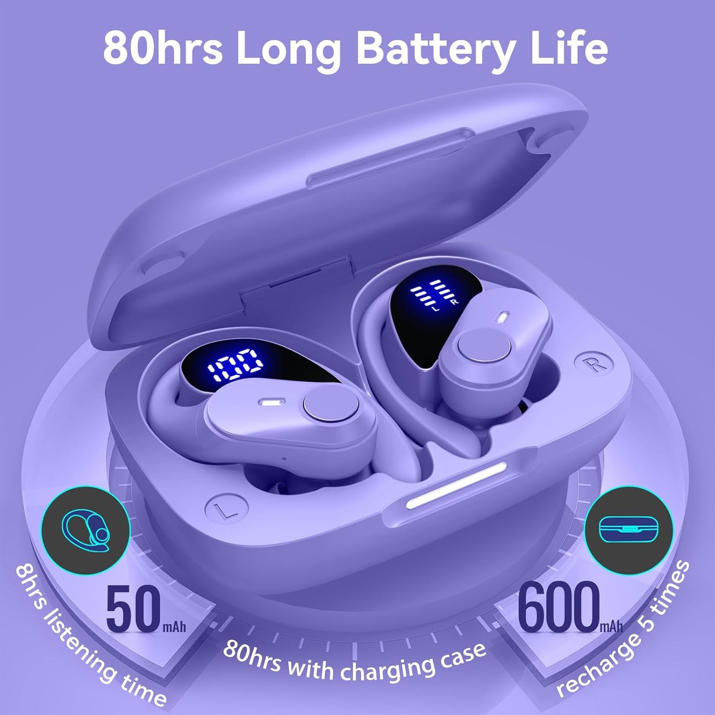 GOLREX Active Noise Cancelling Ear Buds Wireless Earbuds Bluetooth Headphones with 80H Playtime LED Display Wireless Charging Case, Over-Ear Hooks Earbud for Sports Running Gym Workout Purple