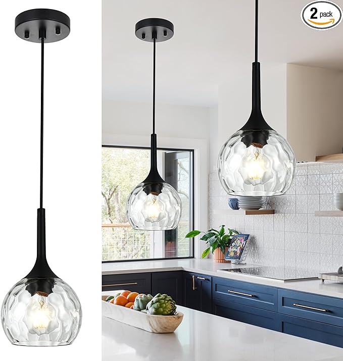 VINLUZ 2 Pack Classic Pendant Light with Round Ribbed Glass Shade, Ceiling Hanging Kitchen Island Chandelier in Black Metal Finish for Dining Room