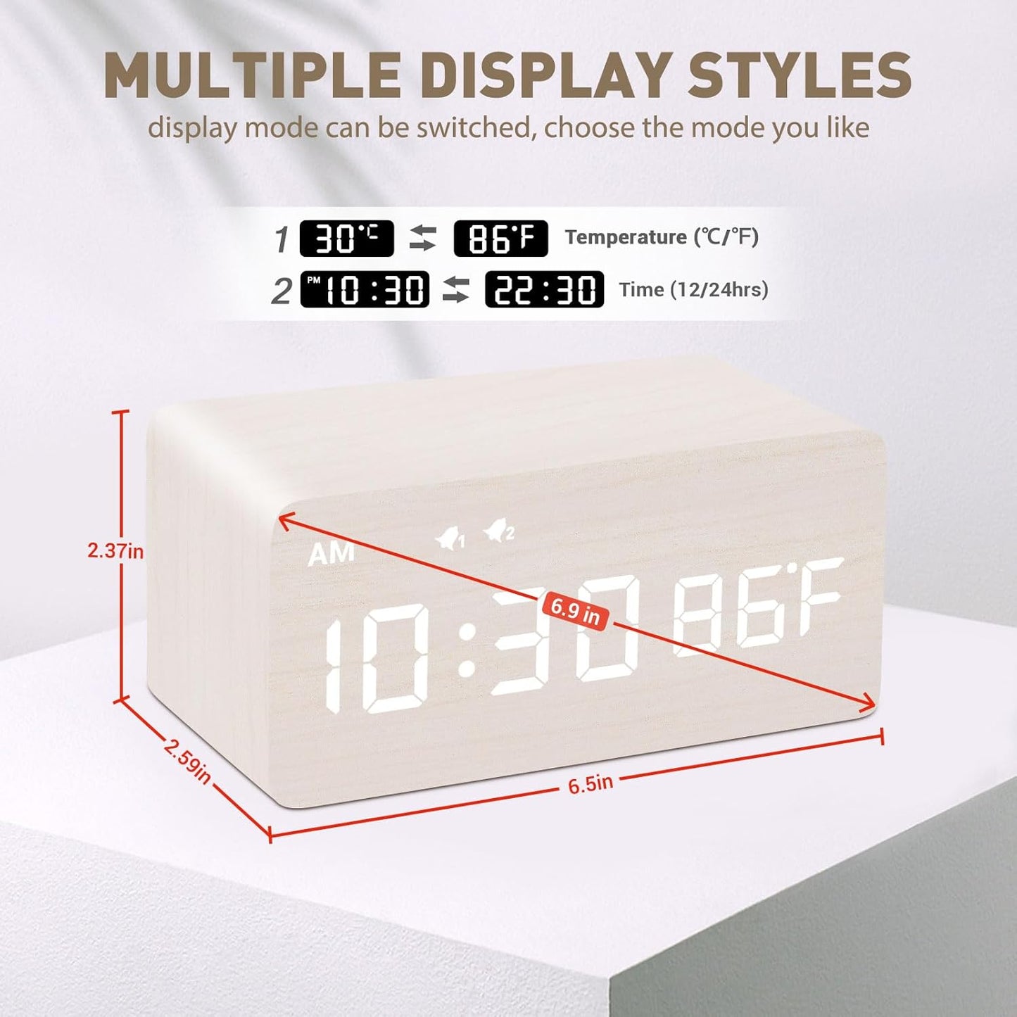 MOSITO Digital Wooden Alarm Clock with Wireless Charging, 0-100% Dimmer, Dual Alarm, Weekday/Weekend Mode, Snooze, Wood LED Clocks for Bedroom, Bedside, Desk, Kids (White)