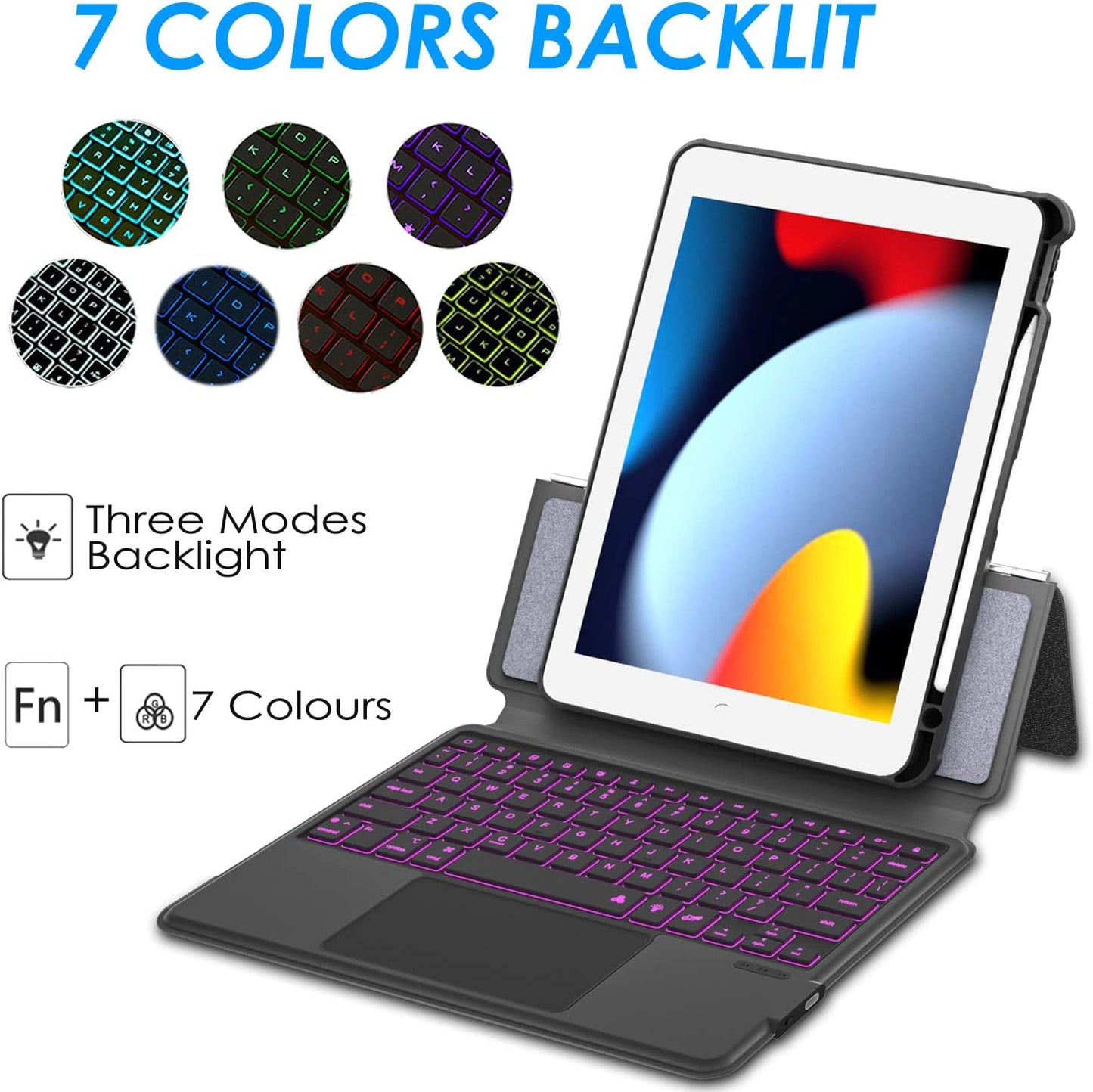 Trackpad iPad Keyboard Case for Apple iPad 10.2" 2021 9th&8th&7th Gen, Air 3,Pro 10.5-7 Color Backlight,Touchpad Detachable Slim Cover with Pencil Holder (10.2"/10.5",Black)