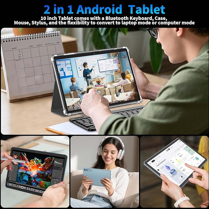 Android 15 Tablet 10 inch, 2026 Tablet with Keyboard, 24GB+256GB+2TB Expand, 2-in-1 Tablets with 8-Core, 5G WiFi, 8000mAh, BT5.0, GMS, GPS, Gemini AI, Tablets PC with Mouse, Case, Stylus (Green)