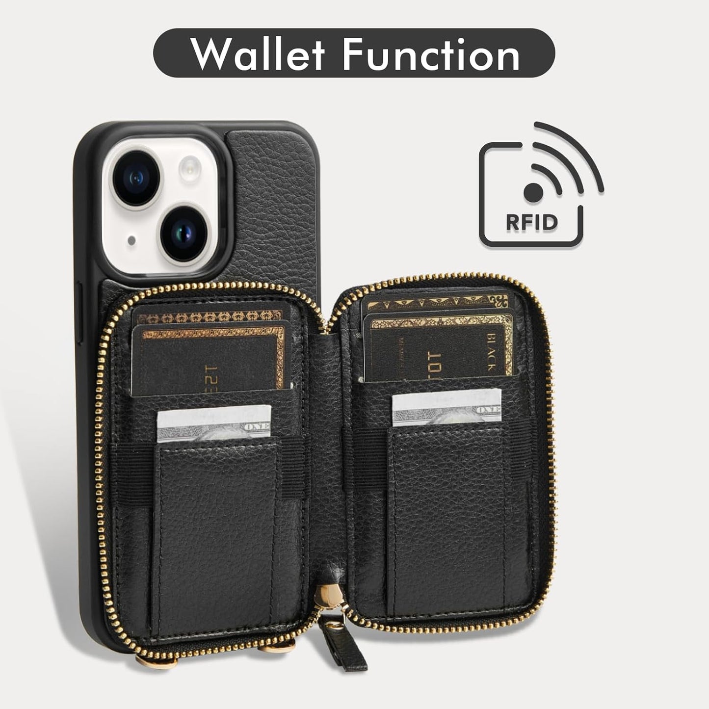 ZVE Crossbody Wallet Case Compatible with iPhone 15 Plus, Card Holder Phone Purse for Women, RFID Blocking Zipper Leather Cover with Wrist Strap for iPhone 15 Plus (6.7 inch)- Black