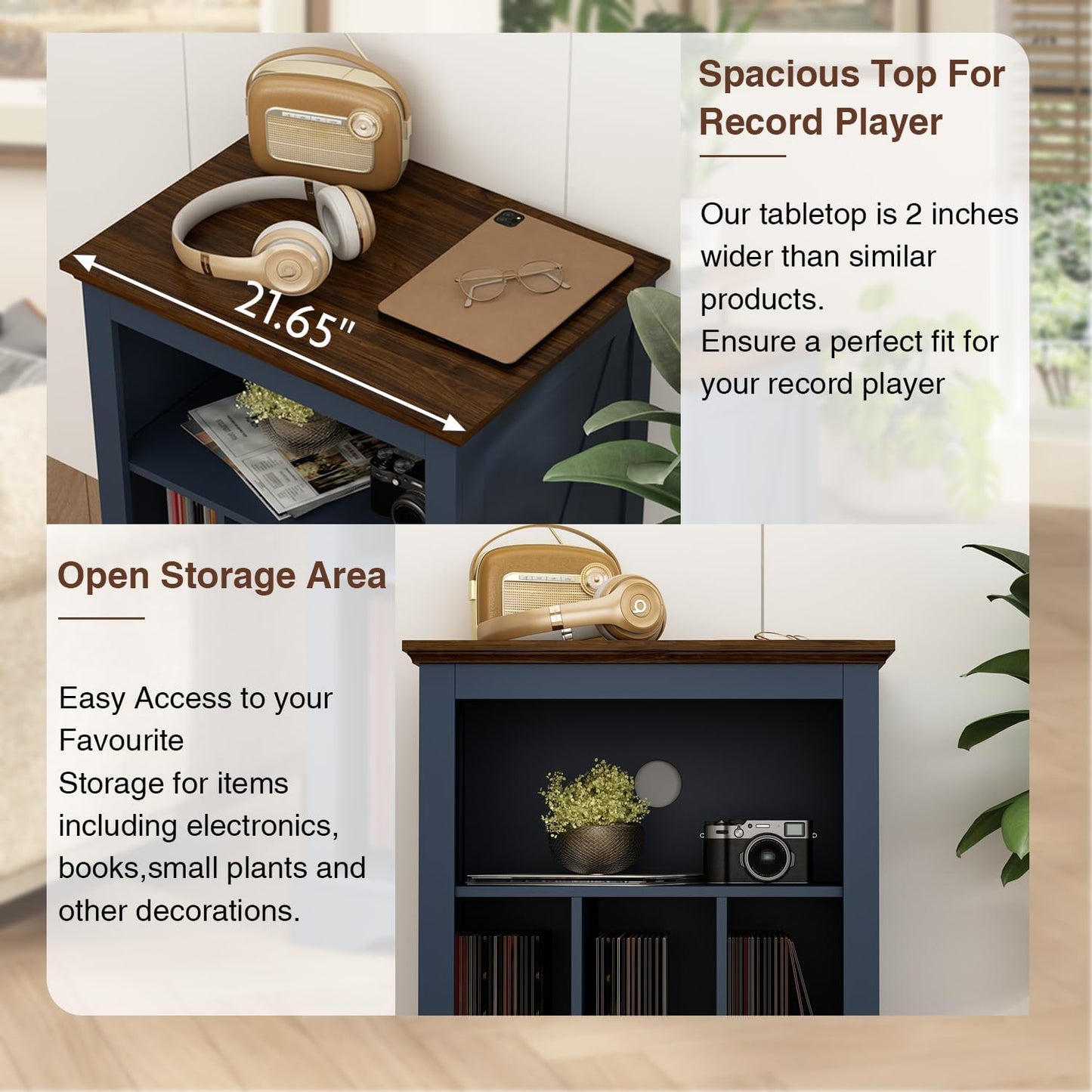 Record Player Stand with Vinyl Record Storage, Large Wood Turntable Stand Cabinet Dispaly Shelf for Living Room,Bedroom,Office,Blue