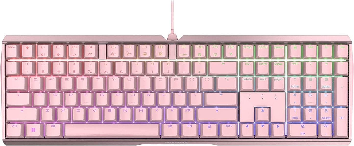 Cherry MX 3.0 S Wired Mechanical Gaming Keyboard. Aluminum Housing Built for Gamers w/MX Blue Switches. RGB Backlit Color Display Over 16m Colors. Pink