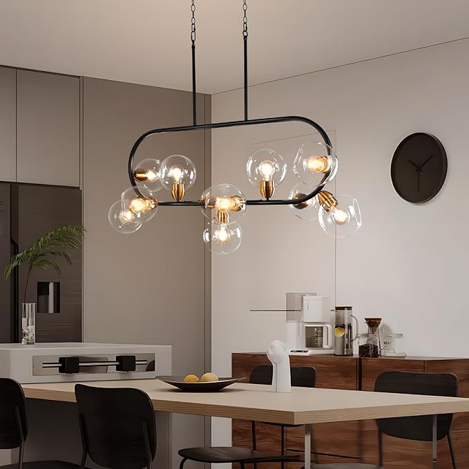 Linear Chandelier for Dining Room 45'' Black and Gold Island Lights Rectangle Dining Room Light Fixture 11-Light Modern Farmhouse Chandelier with Clear Glass Large Mid Century Island Pendant Light