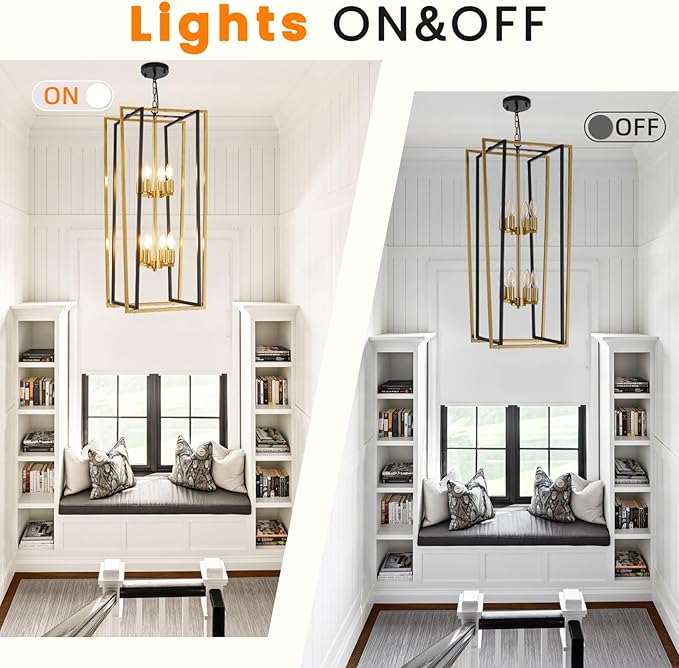 Black and Gold Chandelier, 8-Light Tiered Lantern Pendant Light Fixtures, Industrial Foyer Lighting Fixtures, Large Long Chandeliers for High Ceilings, Farmhouse Chandelier for Staircase, Entryway