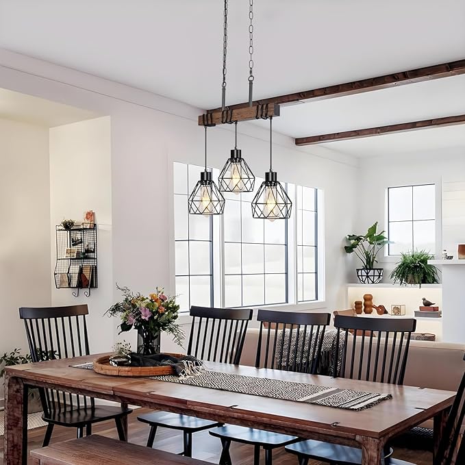 3-Light Kitchen Island Pendant Lighting Over Island - Adjustable Height Linear Chandelier for Dining Room with Diamond Shades, Farmhouse Black Metal & Rustic Wood Ceiling Light Fixture, E26 Base