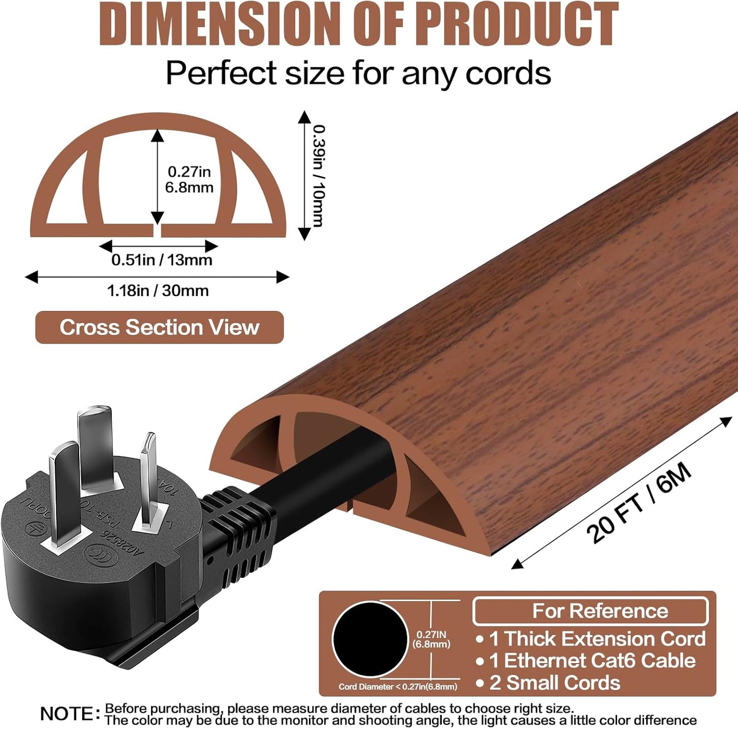 Floor Cord Cover Self Adhesive Cord Hider,20FT Cable Management, Extension Strip Protector for Wires, Prevent Cable Trips for Offices, Gyms, Exhibitions Cavity:0.39"(W) x0.27(H) Wood Red Teak