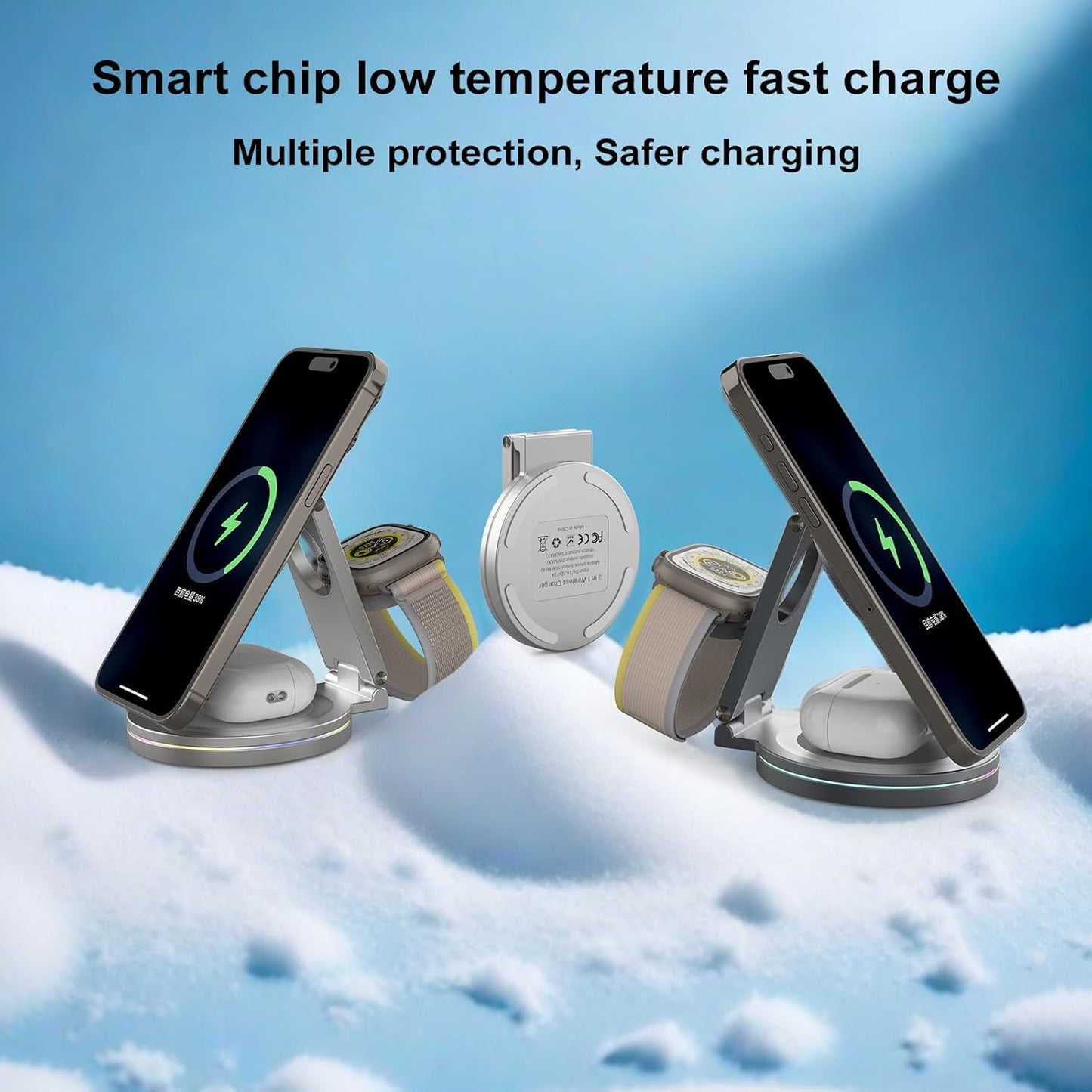 Foldable 360º Rotatable Zinc Alloy 3-in-1 Magnetic Wireless Charger,3 in 1 Charging Station,Charging Stand,15W for iPhone 12-16,5W for Apple Watches, AirPods (Adapter Included) (Gray)