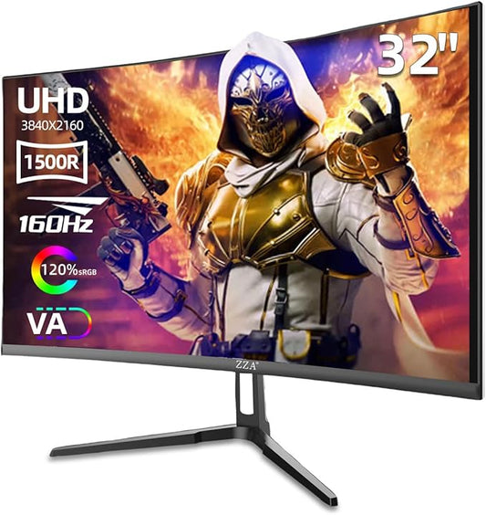 ZZA 32" Curved Gaming Monitor, 4K UHD (3840 x 2160) VA Display, 1500R Immersion, 144Hz/160Hz Refresh Rate, Advanced Computer Screen, Supports AMD FreeSync Premium, 120% sRGB Color Gamut,HDMI 2.1/DP1.4