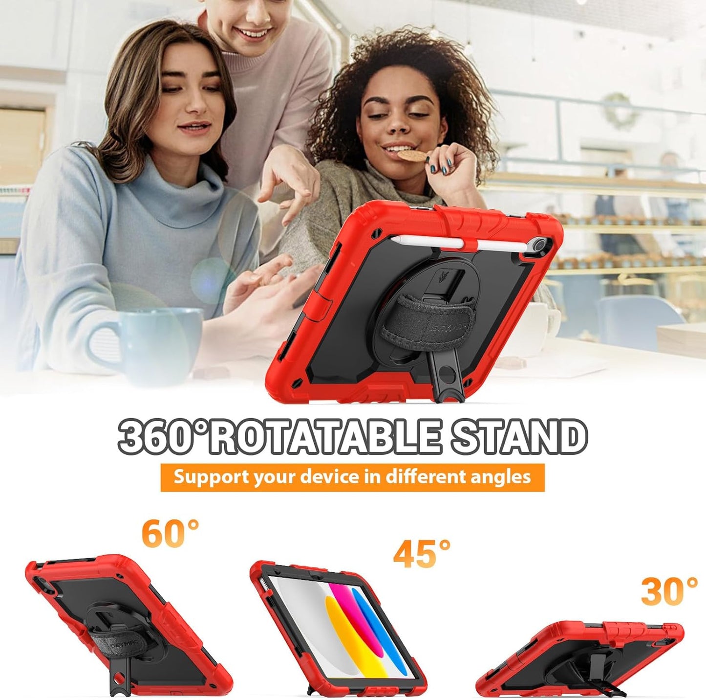 SEYMAC for iPad (A16) 11th/10th Generation Case 2025/2022 (11″/10.9″), Sturdy Heavy Duty Full-Body Shockproof Protective Case with Screen Protector, Rotating Stand, Hand/Shoulder Strap, Black/Red