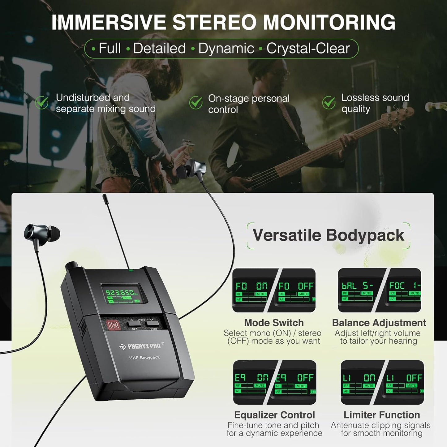 Phenyx Pro UHF Stereo Wireless in Ear Monitor System, Wireless IEM, 900MHz Band Selectable Frequency, Rack Mountable, 160 ft. Operation, Suitable for Stage, Studio, Exhibit, Lecture, Speech (PTM-10)