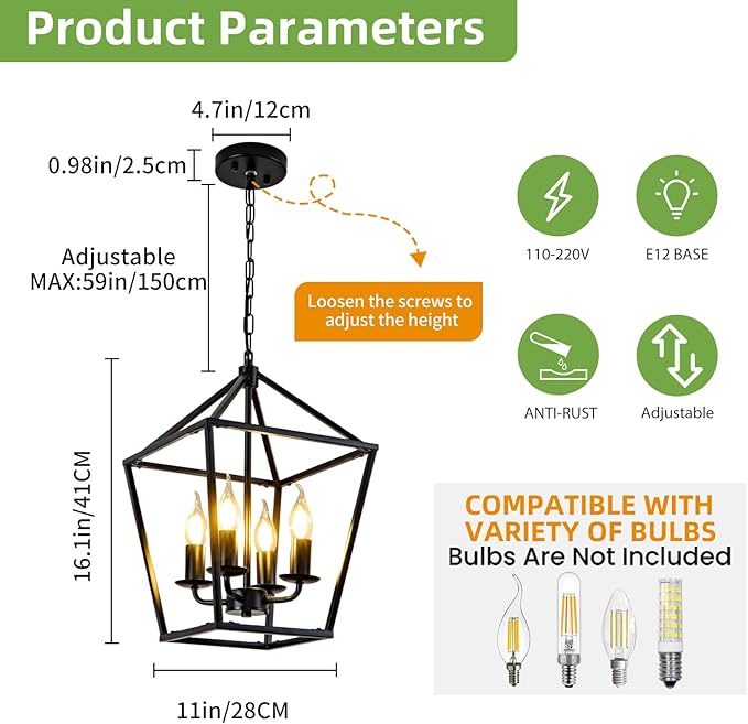 Black Farmhouse Chandelier, Industrial 4 Light Pendant Light Fixtures, Rustic Metal Lantern Ceiling Hanging Light for Entryway, Foyer, Kitchen Island, Dining Room, Hallway, Bedroom