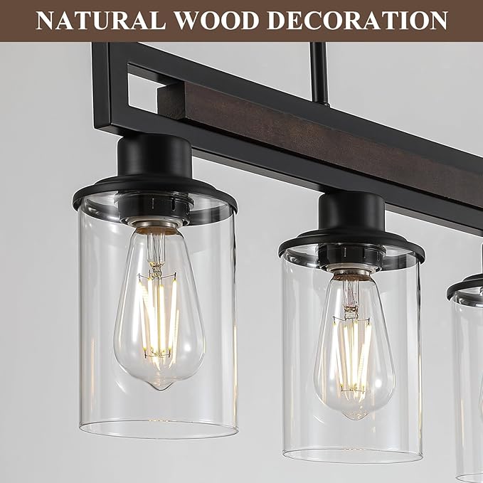 Farmhouse Dining Room Light Fixture, 4-Light Wood Kitchen Island Lighting for Dining Room Over Table, Black Adjustable Pendant Light with Clear Glass Shades, Linear Chandeliers Lighting for Kitchen