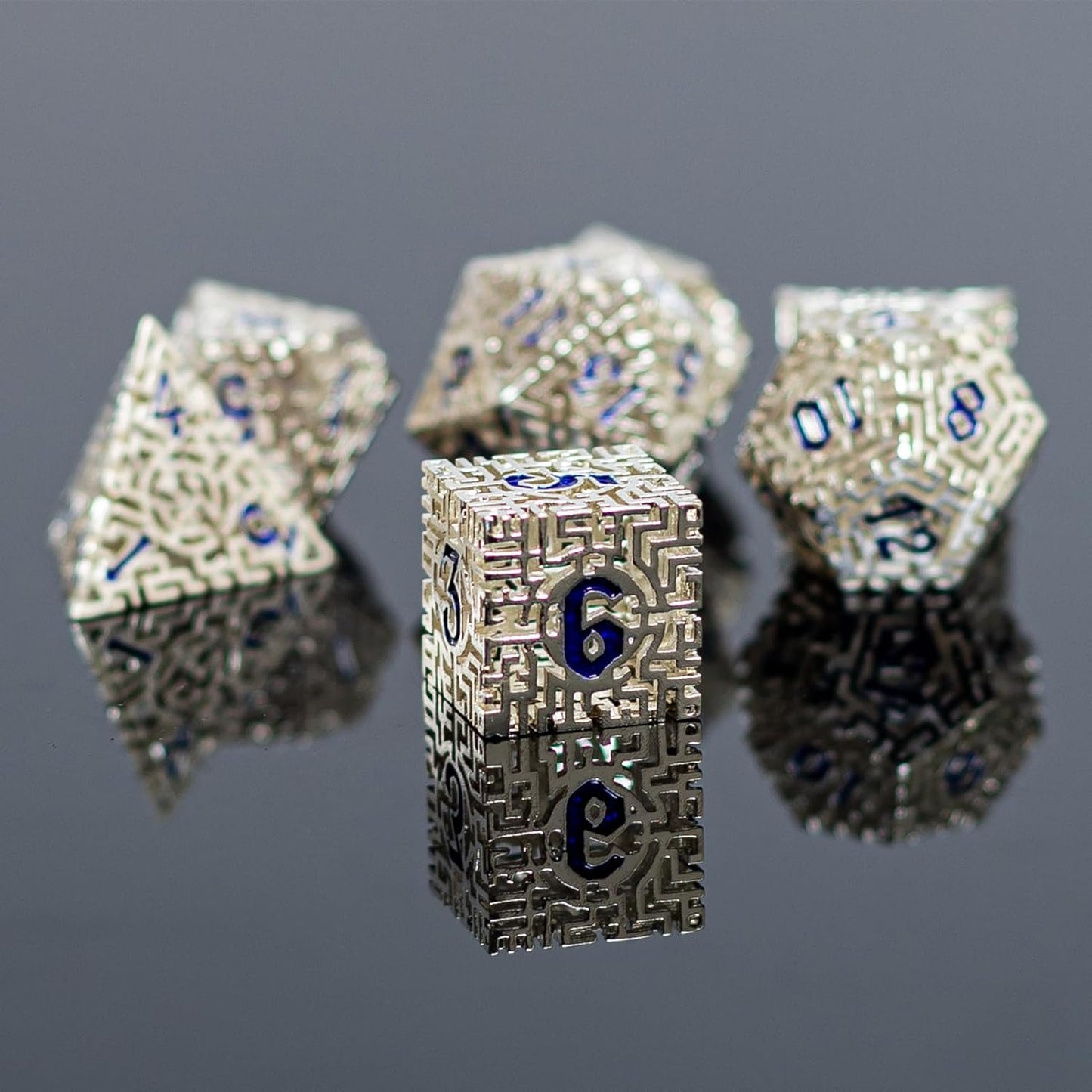 Silver Metal Hollow DND Dice Set (Cleric) Metallic Luster Maze Design with Storage Box - Balanced Weight 7 Piece Zinc Alloy, Designed for Dungeons and Dragons DM and Player RPG Accessories