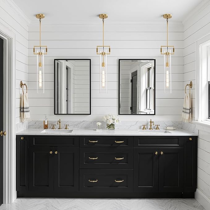 Modern Gold Glass Pendant Light: Knurled Brass Pendant Lights Kitchen Island - Contemporary Hanging Light Fixtures with Cylinder Long Tube - Dimmable Pendants Lighting Fixture over Table for Bedroom
