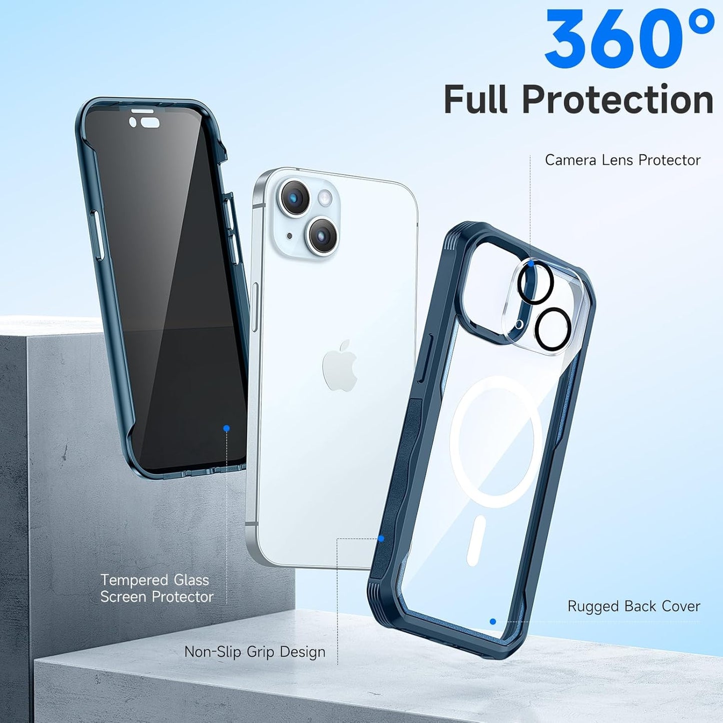 seacosmo for iPhone 15 Plus Case, Full Body Bumper with Built-in 9H Tempered Glass Privacy Screen Protector and Camera Lens Protector, Compatible with MagSafe, Shockproof Phone Cover, 6.7", Blue