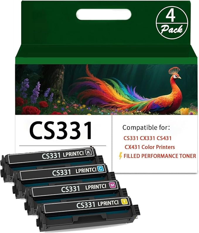 CS331 CX331 Toner Cartridge-4 Pack, 20N10K0 20N10C0 20N10M0 20N10Y0 Replacement for Lexmark CS331 CX331 CS431 CX431 Color Printers(with Chip)