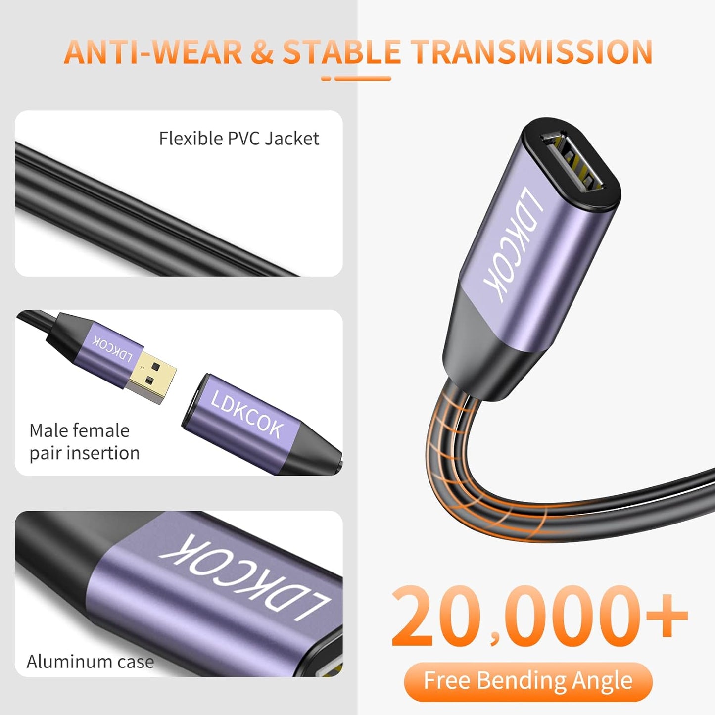 LDKCOK USB 2.0 Type A Male to A Female Active Repeater Extension Cable 75ft, High Speed 480 Mbps