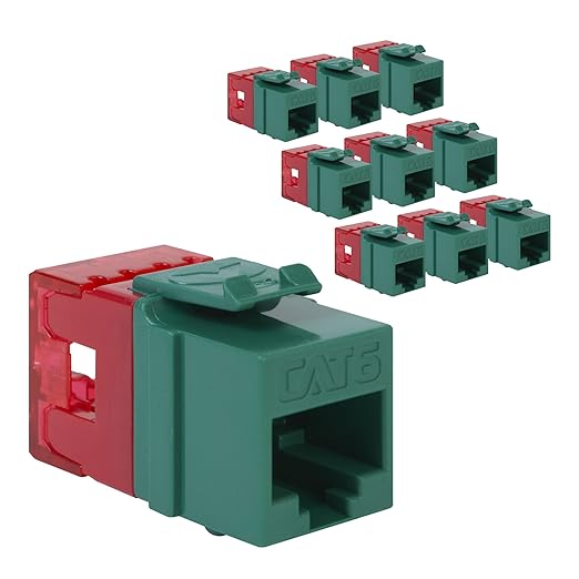 ICC CAT6 Keystone Jack with Slim Profile 180 Degree Punch Down, RJ45 UL Listed PoE++ TAA Compliant for Wall Plate or Patch Panel, Works with JackEasy Termination Tool, Green 10 Pack