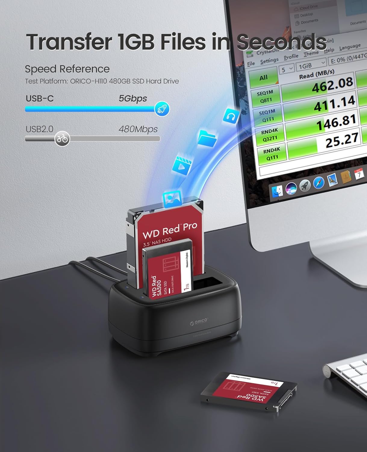 ORICO Hard Drive Docking Station with Offline Clone USB 3.2 Gen 1 to SATA Hard Drive Dock Dual Bay for 2.5&3.5 Inch SSD HDD Up to 44 TB with 12V Power Supply, Tool-Free and UASP Supported (DD28C3-C)