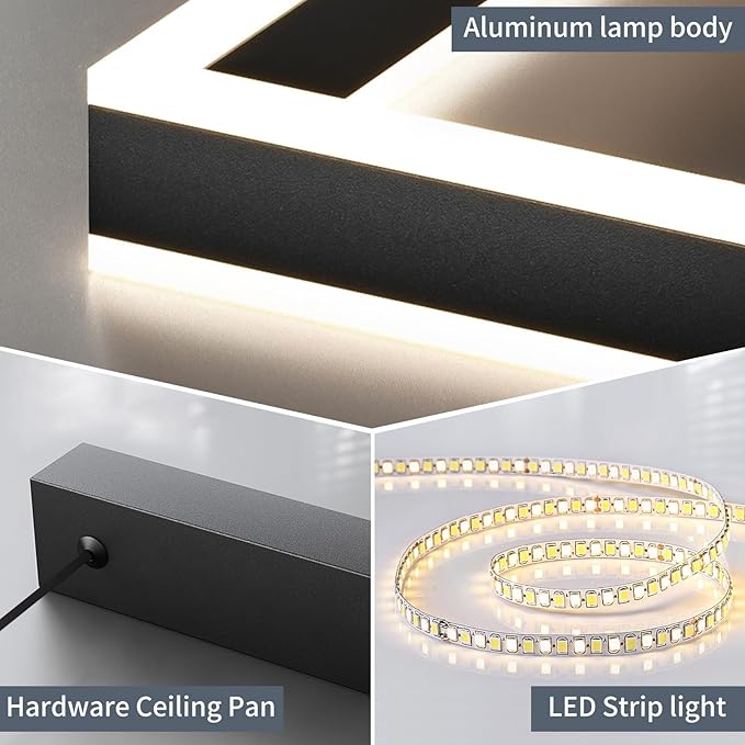 Modern LED Chandelier, Black Pendant Light for Kitchen Island, Adjustable 2 Ring Rectangle Ceiling Lighting Fixture, Dimmable Minimalist Over Table Hanging Light for Living Dining Room, Entryway